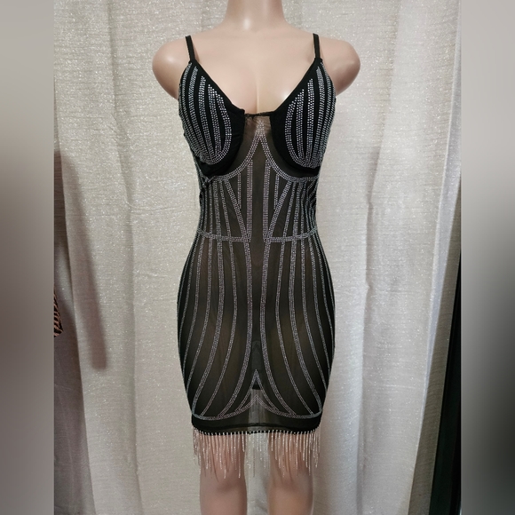 Mesh with Rhinestones mini Dress new size M strech material. - Picture 3 of 6